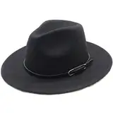 Schwarzer Fedora-Hut für Damen, Vintage-Wollmischung, breite Krempe, Gürtelschnalle, breite Krempe, Trilby-Panama-Hut, Jazz-Hut