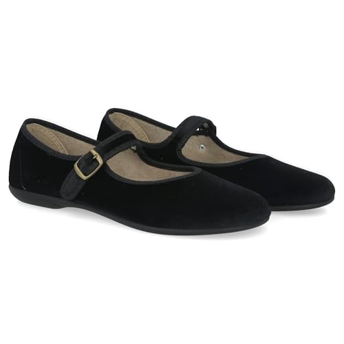 PAYMA - Damen Mary Janes aus Samt. Flache Ballerinas, Casual Sandalen, Bequeme Maryjane Schuhe Schnallenverschluss. Farbe: Schwarz, Größe: EU 37