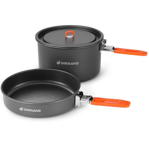 Odoland Camping Geschirr Set mit Camping Topf 4 L, Camping Bratpfanne 1.5 L, Camping Kochset für Camping Outdoor Kochen Wandern Reisen