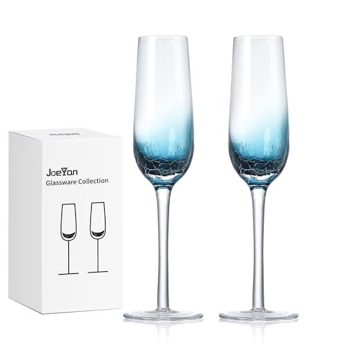 Joeyan 2er Set Bunte Sektgläser mit Stiel, 200ml Handgefertigte Blaue Crackle Champagner Kelch,Einzigartige Ästhetik Sektflöten Glaswaren, Kunstdekoration für die Hausbar, Geschenke zum Hochzeitstag