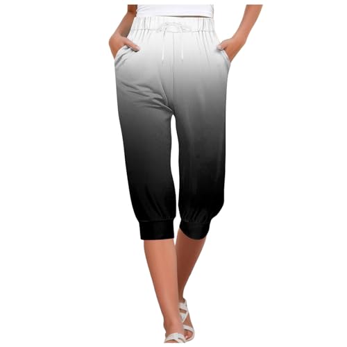 DondPO Caprihose Damen Sommer Mit Buntem Farbverlauf Drawstring Dreiviertel Haremshose Sporthose 3/4 Pumphose Stretch Leicht Und Luftig Yogahose Jogginghos Modisches Freizeithose Grau S