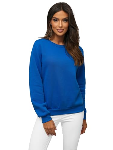 OZONEE Damen Sweatshirt Pullover Langarm Farbvarianten Langarmshirt Pulli ohne Kapuze Baumwolle Baumwollmischung Classic Basic Rundhals-Ausschnitt Sport 777/3001B BLAU M