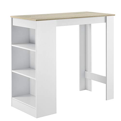 [en.casa] Bartisch Kouvola 110 x 50 x 103 cm mit integrierter 3-Fächern-Hausbar Stehtisch Bartheke Küchentresen Bistrotisch Weiß/Eiche-Optik