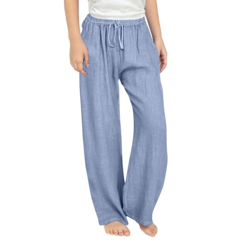 Generisch Lange Sommerhose Mädchen Leicht Elegant Stoffhose Casual Lose Leinenhose Einfarbig Mode Sommer Hose Baumwolle Leinen Strandhose Locker Weitem Bein Freizeithose für Kinder Jogginghose