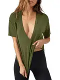 Imily Bela Sportshirt Damen Sexy Tiefer V-Ausschnitt Yoga T-Shirt Sommer Kurzarm Sport Oberteile Loose Fit(Armee grün,XL)