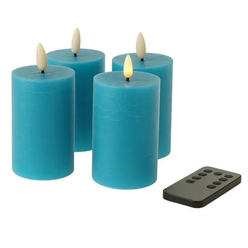 Fachhandel Plus LED Kerzen mit Timer – Stumpenkerzen aus Echtwachs mit 3D Flamme & Fernbedienung – LED Echtwachskerzen in verschiedenen Farben & Größen – Ø 6,5/7,5 cm (Blau, 10 x 6,5 cm)
