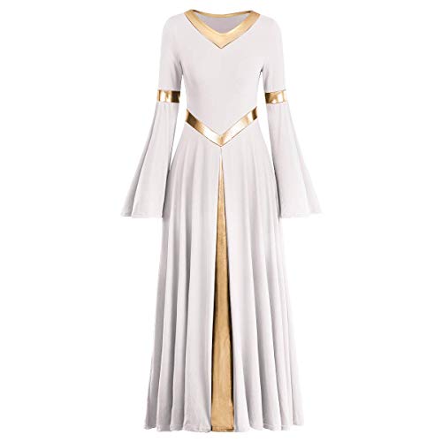 IMEKIS Damen Liturgisch Lob Kleid Metallic Splei? Lyrisch Tanzkleider Langarm V-Ausschnitt Casual Lang Faltenrock Freizeitkleid Kirche Anbetung Gebet Kleider Ballsaal Dancewear Wei? M