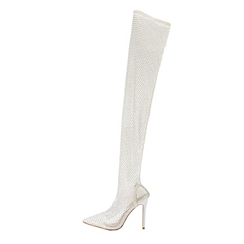 Damen Overknee-Stiefel mit Absatz Mesh Stiletto High Heel Sexy Mode Hochzeit Slip-On Spitze Zehen Oberschenkel Hohe Socken Stiefel Lange Fischnetz-Pumps für Party, Tanz, Nachtclub