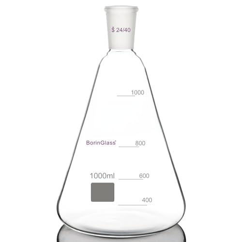 BorinGlass 24/40 Glas-Erlenmeyerkolben, Borosilikatglas-Graduierter Labor-Kolben mit 24/40 Standard-Konusaußengelenk, 1000 ml