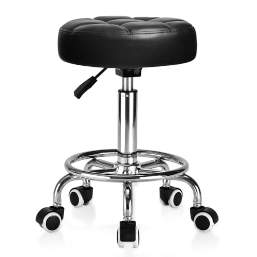 Rollhocker PU Leder Rund Gepolstert, Arbeitshocker Höhenverstellbar Rollen mit Fußstütze , 360° - Drehung Drehocker ,Tragfähigkeit 150kg für Spa Zeichnung Salon Arbeit Büro Tattoo Hocker. (Tinte)