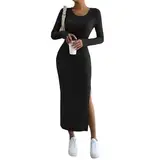 ZRYAZQ Winterkleid Damen Langarm Warm Curvy Strickkleid Damen Winter Lang mit Schlitz Pulloverkleid Damen Elegant Maxi Geripptes Winterkleider Gestricktes Strickkleider Frauen Eng Gerader Schnitt