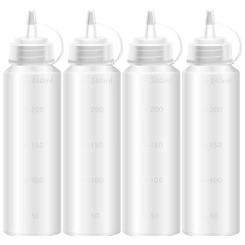 4 Stück Squeeze Flasche aus Kunststoff,Flaschen für Malen Pigment,Plastik Quetschflasche,Kein Leck Condiment Mit Kappen für Backen,Ketchup,scharfe Soße,Olivenöl, Saucenflasche,240 ml (8 oz), Weiß