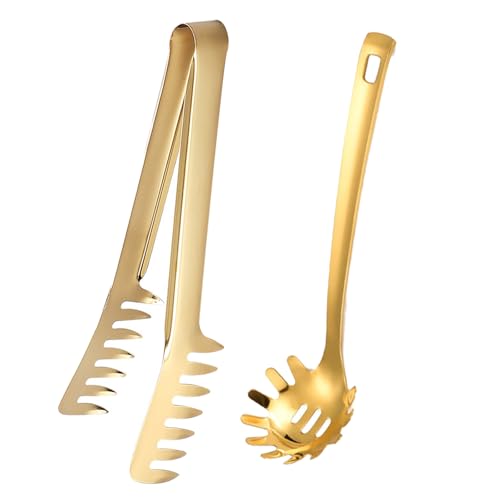 Spaghettilöffel,Minging 2 Stück Nudelkelle Edelstahl Nudelzange mit Ergonomischen Griff Spaghettizange Nudelzange Spaghetti Server Set Spaghetti Küchenhelfer Spaghettilöffel Nudellöffel (Gold)