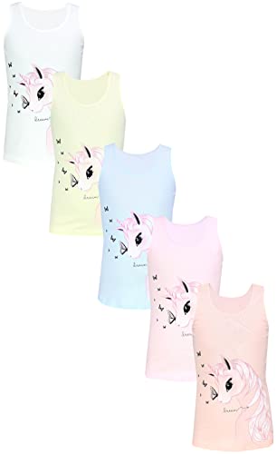 TupTam Mädchen Baumwolle Unterhemd 5er Pack Tank Top Ärmellos Kinder, Farbe: Einhorn Schmetterlinge Rosa Grau Gelb, Größe: 122-128