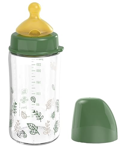 nip Cherry Weithalsflasche Glas mit Kirschsauger aus Naturkautschuklatex, Anti-Colic Babyflasche, Größe S & M, 240 ml, Grün