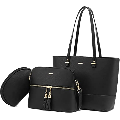 LOVEVOOK Handtaschen Damen Shopper Schultertasche Umhängetasche Damen Groß Damen Tasche für Büro Einkauf Reise Handtasche 3-teiliges Set, Schwarz