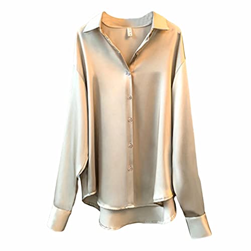 CGGMVCG Damen Tops Sommer Casual Lose Button Down Shirts Langarm Einfarbig Seide Satin Bluse Shirt für Damen, Khaki, Groß