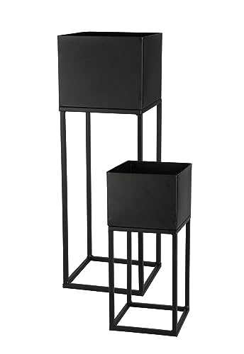 Spetebo Metall Blumentopf Ständer 2er Set schwarz für Außen - 58 / 37 cm - Garten Pflanzsäule mit integriertem Übertopf - Blumenhocker Blumentreppe Pflanzenständer Topf Halter wetterfest