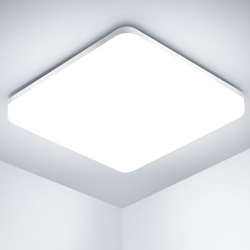 OUILA Led Deckenleuchte, 20W Deckenlampe für Küche Badezimmer Wohnzimmer Keller Flur, IP44 Wasserdicht 2000LM 6500K Kaltes Weiß Beleuchtung Lampen Quadrat 22cm x 22cm