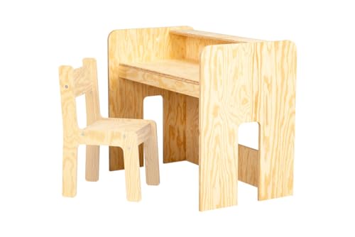 WOODYGIFT Kinderschreibtisch mit Stuhl aus Holz Kinder Tisch Stuhl Set Holzschreibtisch mit Kindersthul Natürlicher Kinderzimmermöbel