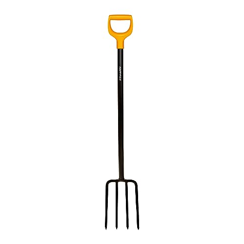 Fiskars Spatengabel für harte, steinige Böden, Mit 4 Zinken, Länge 122 cm, Hochwertige Stahl-Zinken/Kunststoff-Stiel, Schwarz/Orange, Solid, 1003458