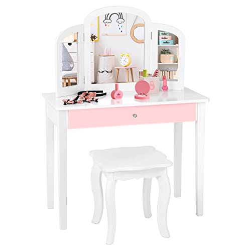 DREAMADE Schminktisch Kinder mit Hocker und abnehmbarem Spiegel,Prinzessin Frisiertisch, Frisierkommode, Kosmetiktisch, Kinderschminktisch mit Kiefernholz-Beine für Kinder Mädchen (Weiß)