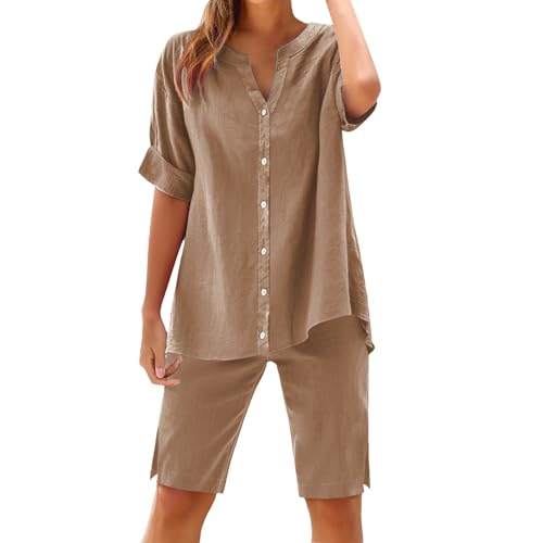 Set für Damen, 2-teilig, Sommeranzüge, Übergröße, für den Sommer, T-Shirt mit Ärmeln und Shorts, Trainingsanzug für Joggen, Training, Zuhause, Fitness, Khaki, 54
