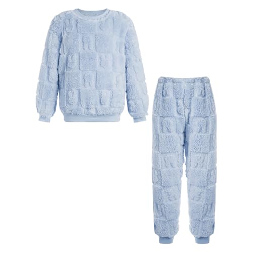 Miutii Kinder Jungen Mädchen Fleece Schlafanzug Zweiteiler Kuschelig Pullover + Hose Warme Winter Nachtwäsche Flauschiger Pyjama Set Blau 146-152