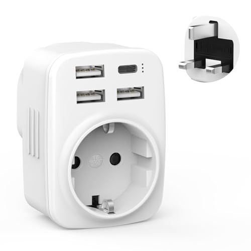 Reiseadapter UK Adapter England Deutschland Stecker mit 3USB 1USB C(3.4A),mit 1 Steckdose,UK Adapter,Steckdosenadapter England,Reiseadapter typ G für England Ireland UK,Dubai,Maldives,Katar,Malaysia