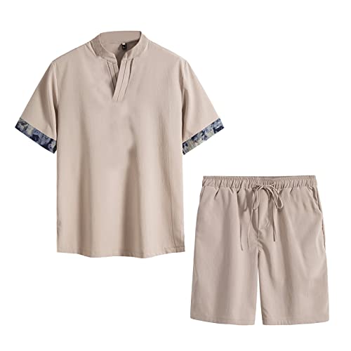 Herren Sommer Atmungsaktives -Falten Zweiteiliges Atmungsaktives Volumen T-Shirt Shorts Set Herren 98 Trainingsanzug Sommer Outfit Set Rundhals Kurzarm T-Shirts Kurze Hose Einfarbig (Beige, XL)