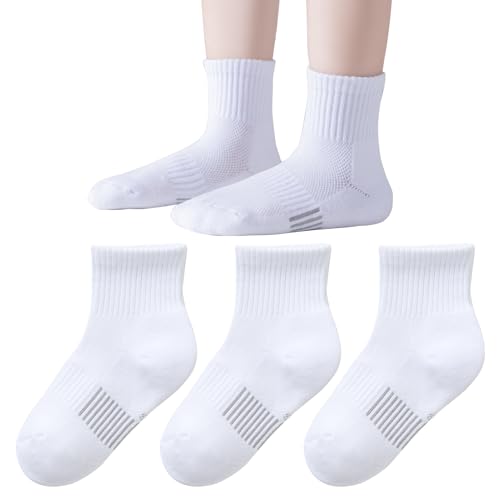 EPEIUS Gepolsterte Socken für Kinder, Mädchen, dicke Baumwolle, Laufsocken, Knöchel, Sportsocken, kurze Sportsocken, Viertelsocken, 5–15 Jahre, Weiß, 3 Stück, 5-8 Years