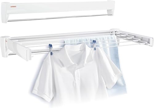 Leifheit Wandtrockner Telegant 36 Protect Plus zum Ausziehen, Wandtrockner ausziehbar für Wäsche, Wäschehalter Wand inkl. Handtuchstange, für drinnen und draußen, platzsparender Wandwäschetrockner