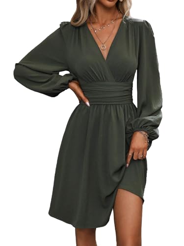 LIAMERHE Damen Elegant Kleid Langarm V-Ausschnitt Casual Kleider A-Linie Winterkleider Blumenmuster Minikleid Freizeitkleider Herbst Winter Laternenärmeln Kleid Partykleid Grün XL