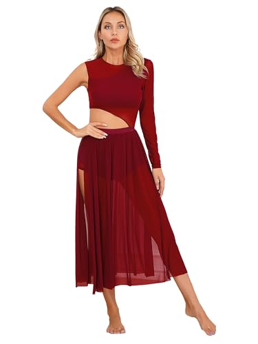 iEFiEL Damen Ballettkleid Ballettanzug mit Asymmetrisch Rock Swing Kleid Spitzen Ballett Trikot Lyrischer Tanzkleid Za Burgundy M