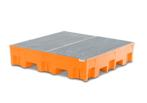 DENIOS Auffangwanne aus Polyethylen (PE) | mit verzinktem Gitterrost | Kunststoff | orange | für 4 Fässer à 200 Liter | 255 Liter | 1235 x 1235 x 275 mm