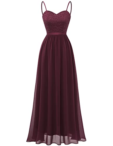 DRESSTELLS Damen Ärmellos Abendkleider Maxi Lang Ballkleid Chiffon Spitzen Brautjungfernkleider Hochzeitskleider für gäste Bodenlang Brautkleid Burgundy M