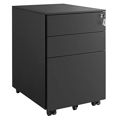 SONGMICS Rollcontainer, unter Schreibtisch, mit 3 Schublade, vormontiert, abschließbarer Büroschrank mit Hängeregistratur, für Akten, Dokumente, Schreibwaren, 52 x 39 x 60 cm, schwarz OFC60BK