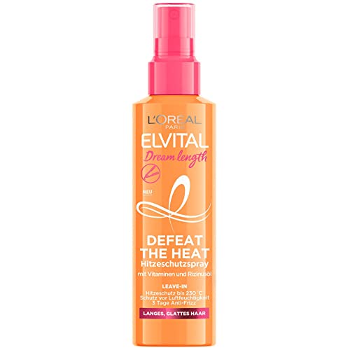 L'Oréal Paris Elvital Hitzeschutzspray für langes, glattes Haar, Leave-In Haarkur gegen Frizz, Ohne Ausspülen, Mit Vitaminen und Rizinusöl, Dream Length Defeat The Heat, 1 x 150 ml