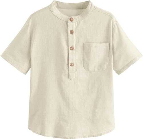 Haloumoning Jungen Hemd Leinen Kurzarm Henley Shirt Sommer Einfarbig Shirt Regular Fit Casual Freizeit Hemd Party Hemd für Kinder (3-14 Jahre) Beige 120