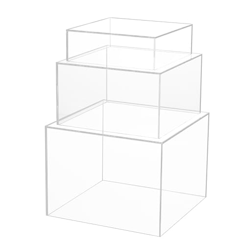 Winter Shore Schaukasten Acryl [3-Pack] - Durchsichtige, Stapelbare Acryl Vitrine mit Hohlem Boden - Quadratische Acryl Box Transparent für Einzelhandel & Zuhause - Acryl Würfel Klein, Mittel, Groß