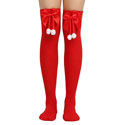 Weihnachten Schleife Haarballen Oberschenkel Hohe Lange Strümpfe Überkniestrümpfe Weihnachten Cosplay Party Kostüme Socken Kniehohe Lange Gestreifte Strumpfsocken Schwarze Socken Damen (A, One Size)