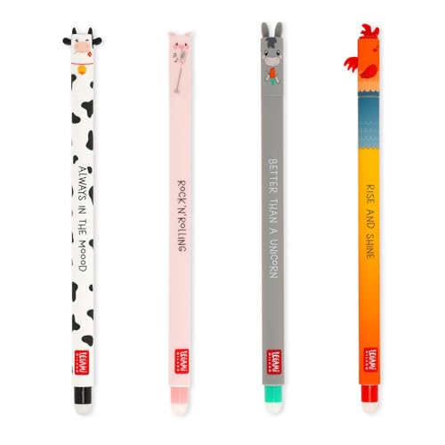 Legami - 4er Set Gel Radiergummi Farm Sweet Farm Stifte, mit hitzeempfindlicher, radierbarer Tinte, schwarz, rosa, grün, rot, radiert ohne Blatt zu verbrauchen, 0,7 mm Spitze