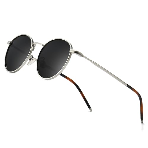 SUNGAIT Runde Vintage Polarisierte Sonnenbrille Klassische Retro Metallrahmen Sonnenbrille Rundschreiben für Frauen Männer(Silberrahmen/Polarisierte Graue Linse)-SGT059YKHUIUK