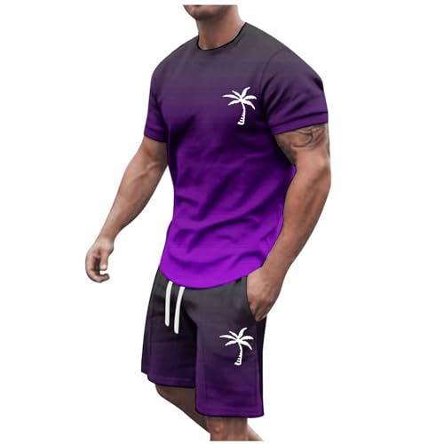 QJDFLL Jogginganzug Herren Trainingsanzug Baggy Sportanzug Bequeme Atmungsaktive Sommer Outfit 2-teiliges Set mit Tshirts und Sporthose Stretch Fitnessanzug Activewear Streetwear(Dark Lila-d,L)