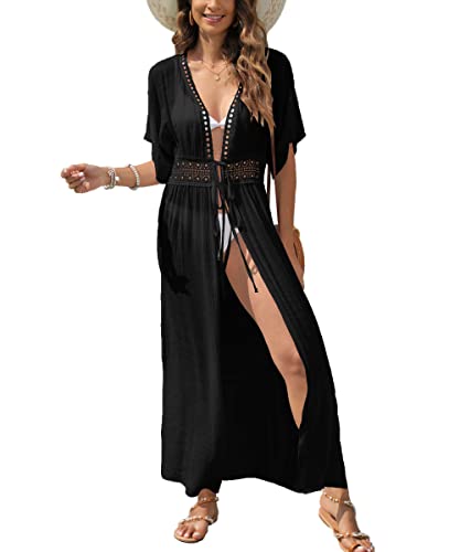 MIXIDON Damen Sommer Bikini Cover Up Maxi Strandkleid Boho Lang Leichte Strickjacke Beachwear Kimono Strand Cardigan, Schwarz, Einheitsgröße