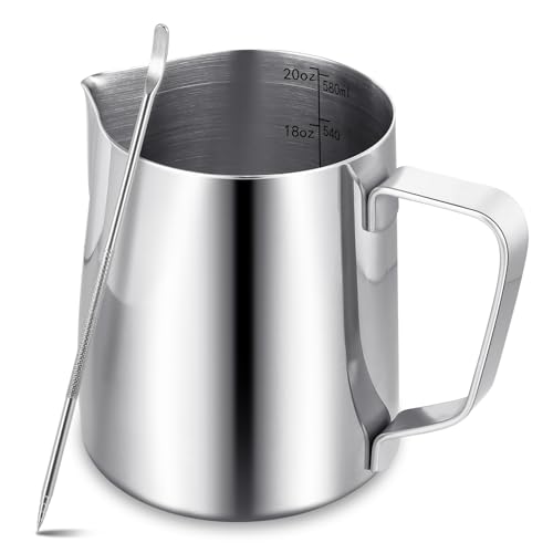 Milchkännchen für Kaffeemaschine – 600 ml/20 fl.oz Milchkanne aus Edelstahl 304 mit Stift,Barista-Zubehör aus Metall für Cappuccino,Latte und Espresso,Spülmaschinenfest