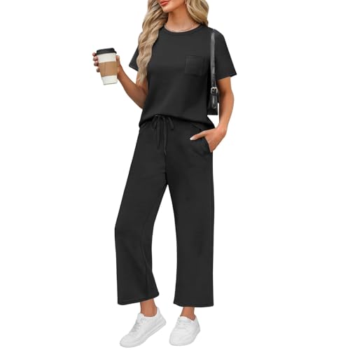 Topassion Zweiteiler Damen Ärmellose/Kurzarm Hosen Mit Weites Bein Hosenanzug 2 Teilig Leicht Tshirt Und Hose Elegant Sommeranzug Casual Sommer Outfits Bequem Jogginganzug Business Anzug(Black,S)