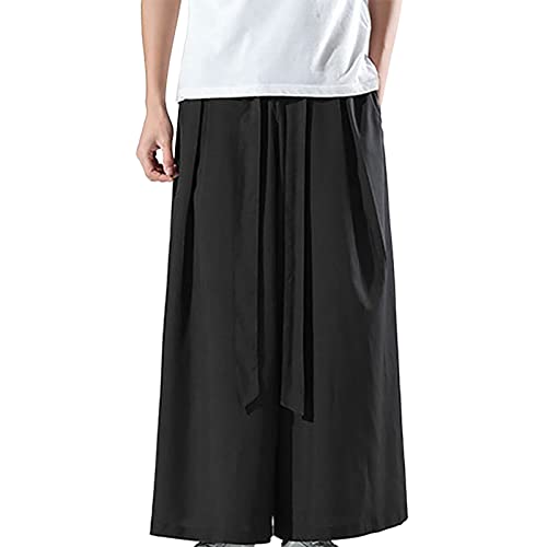Modische Japanische Weitem Bein Lockere Freizeithose Mit Kordelzug Baumwolle Leinenhose Männer Vielseitige Lang Herren Täglich Breite Füße Haushose Komfort Langes Freizeit Herrenhosen (Black, M)