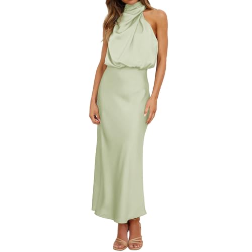 Odizli Abendkleider Elegant für Hochzeit Damen Ärmellos Neckholder Satin Lang Ballkleider Hochzeitsgäste Festlich Hochzeitskleid Cocktailkleid Partykleid Abschlusskleid Sommerkleid Hellgrün S