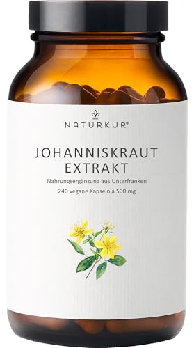 Naturkur® Johanniskraut 500mg 10:1 Extrakt (5000mg reines Johanniskraut) - 240 Kapseln im Apothekerglas - Hypericin & Hyperforin, vegan, laborgeprüft, ohne Zusatzstoffe, in Handarbeit hergestellt
